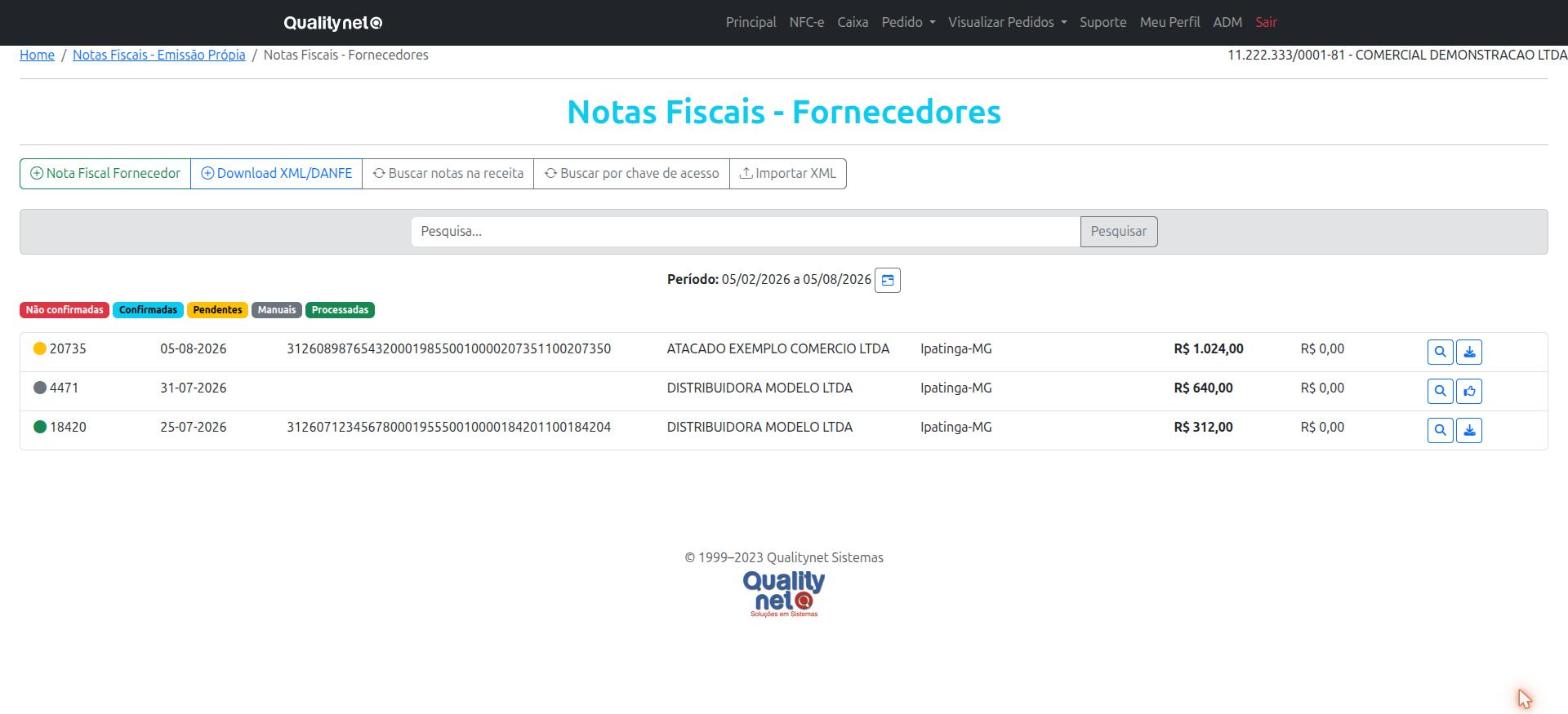 Tela de lista de notas de fornecedores do sistema
